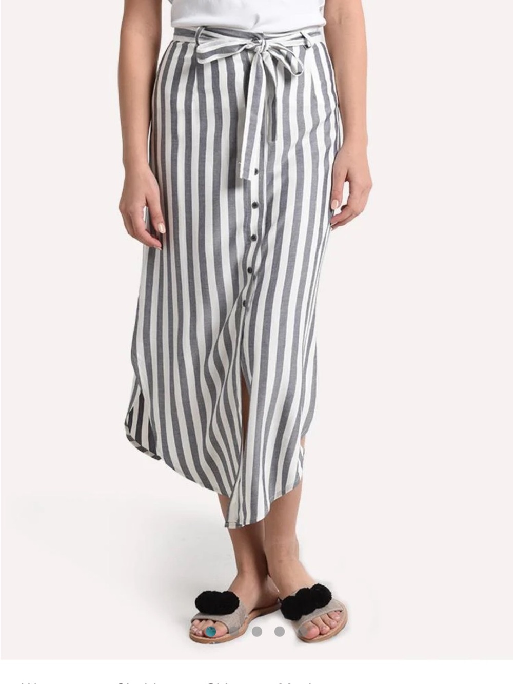 BB Dakota Gray and White Striped Button-Front Tie-Waist Midi Skirt